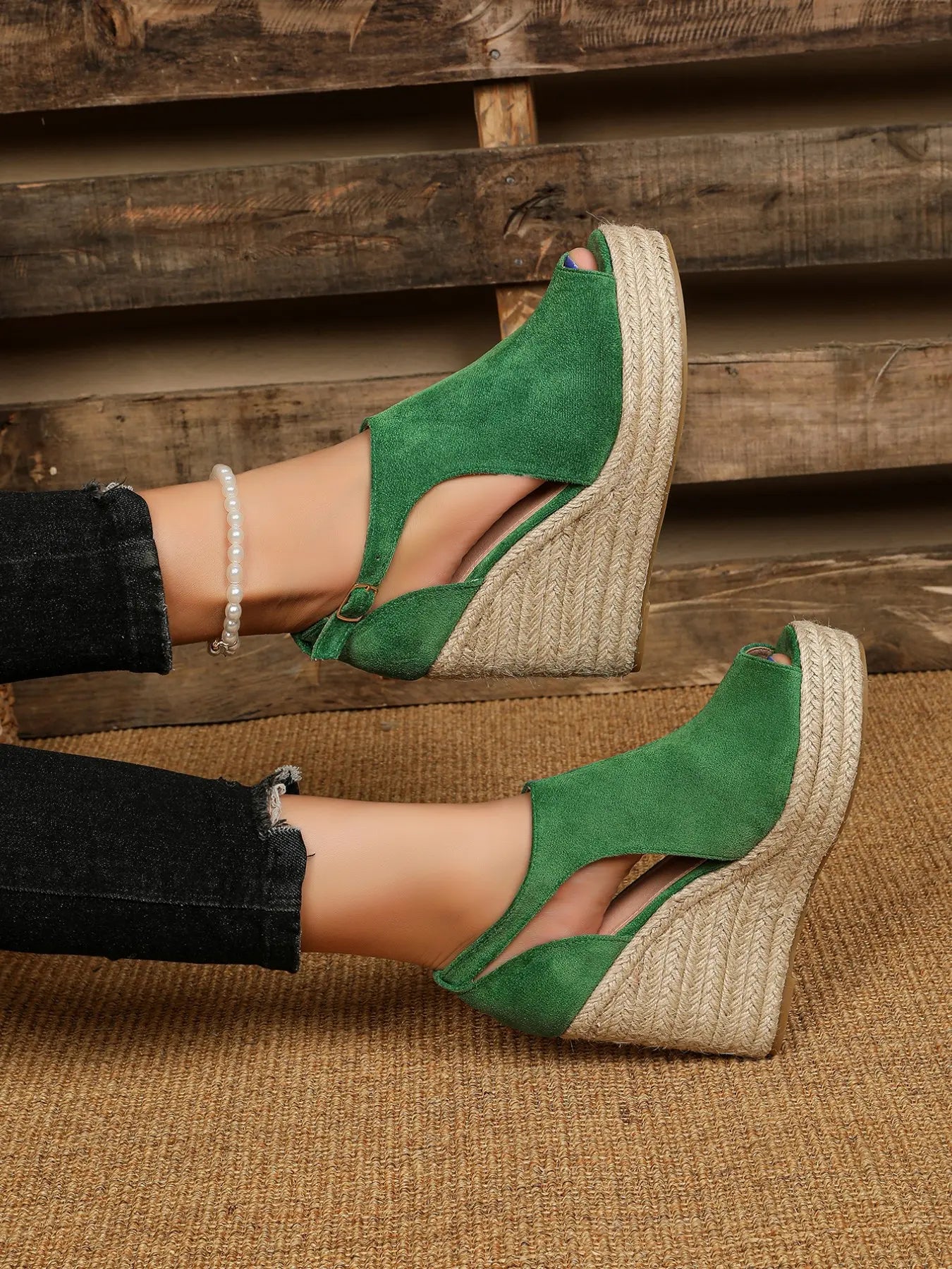 Women'S Espadrille Peep-Toe Wedge Sandals, Casual Hollow-Out Buckle Decor Shoes, for Beach, Parties & Daily Wear