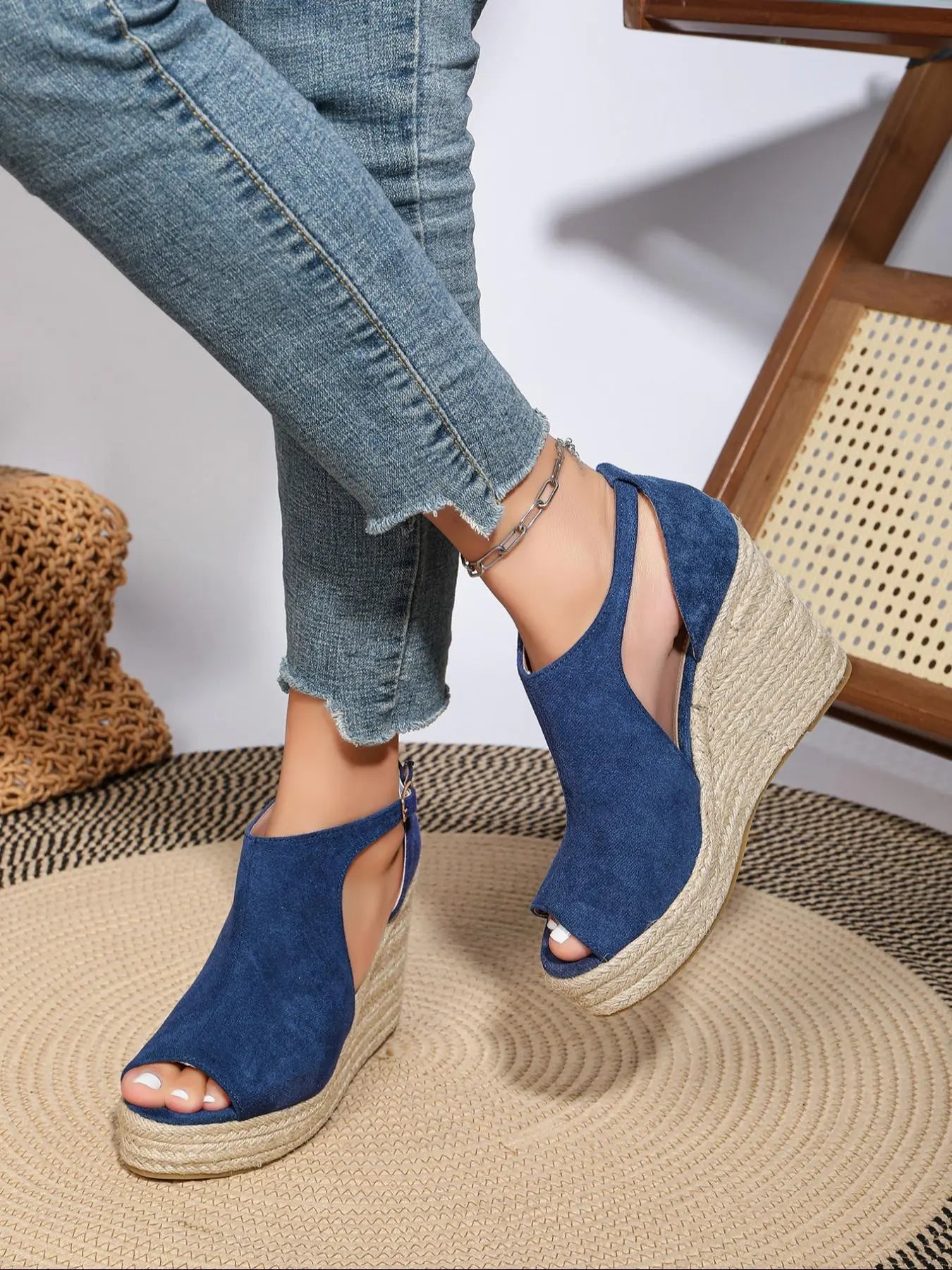 Women'S Espadrille Peep-Toe Wedge Sandals, Casual Hollow-Out Buckle Decor Shoes, for Beach, Parties & Daily Wear