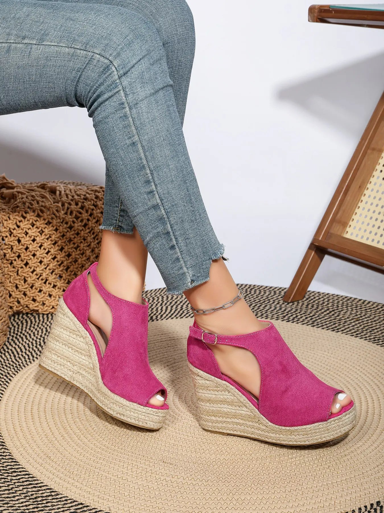 Women'S Espadrille Peep-Toe Wedge Sandals, Casual Hollow-Out Buckle Decor Shoes, for Beach, Parties & Daily Wear