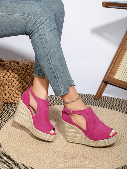 Women'S Espadrille Peep-Toe Wedge Sandals, Casual Hollow-Out Buckle Decor Shoes, for Beach, Parties & Daily Wear