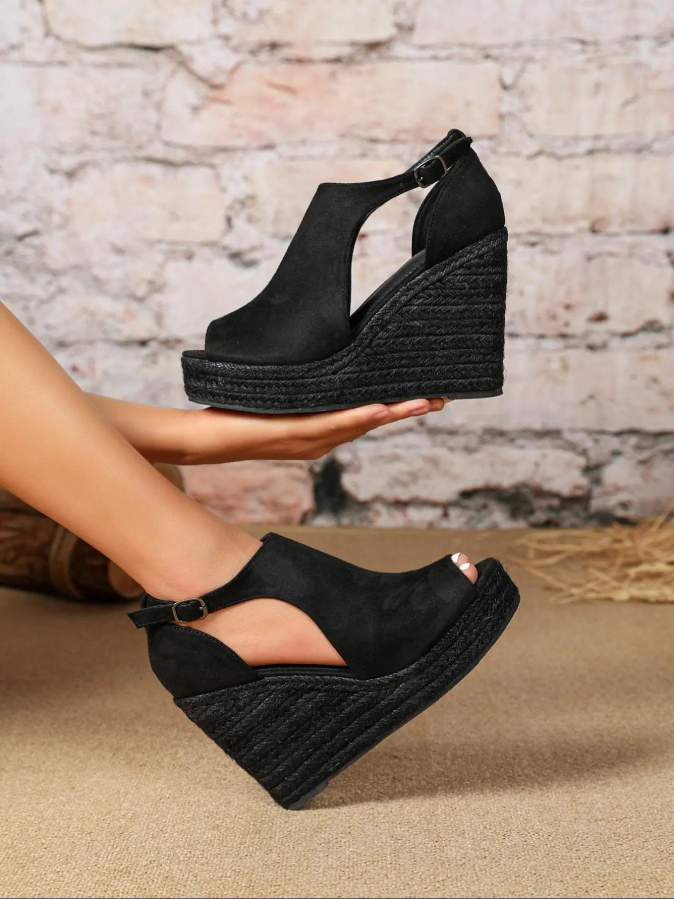 Women'S Espadrille Peep-Toe Wedge Sandals, Casual Hollow-Out Buckle Decor Shoes, for Beach, Parties & Daily Wear